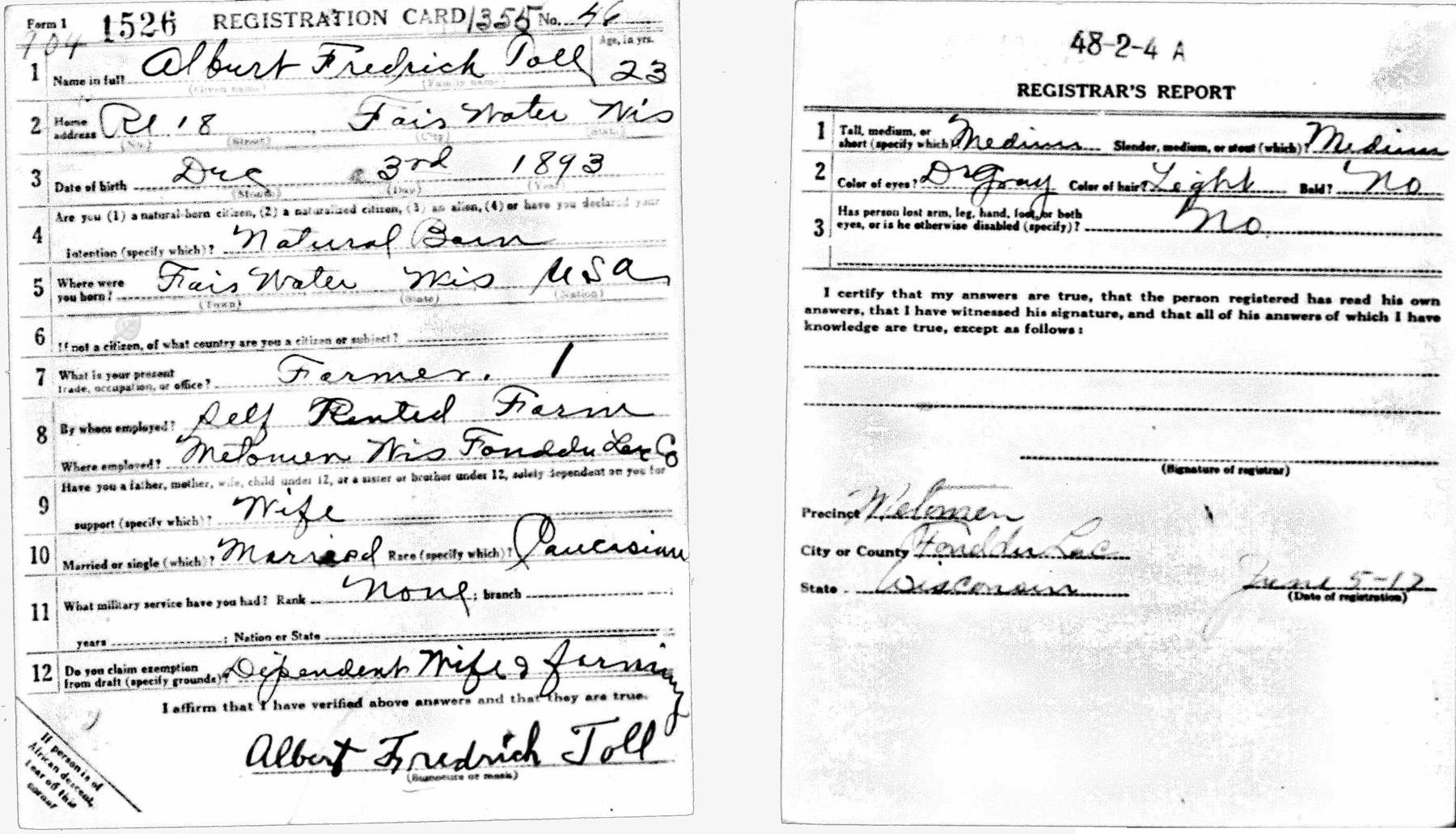 Albert's WWI Draft Registration