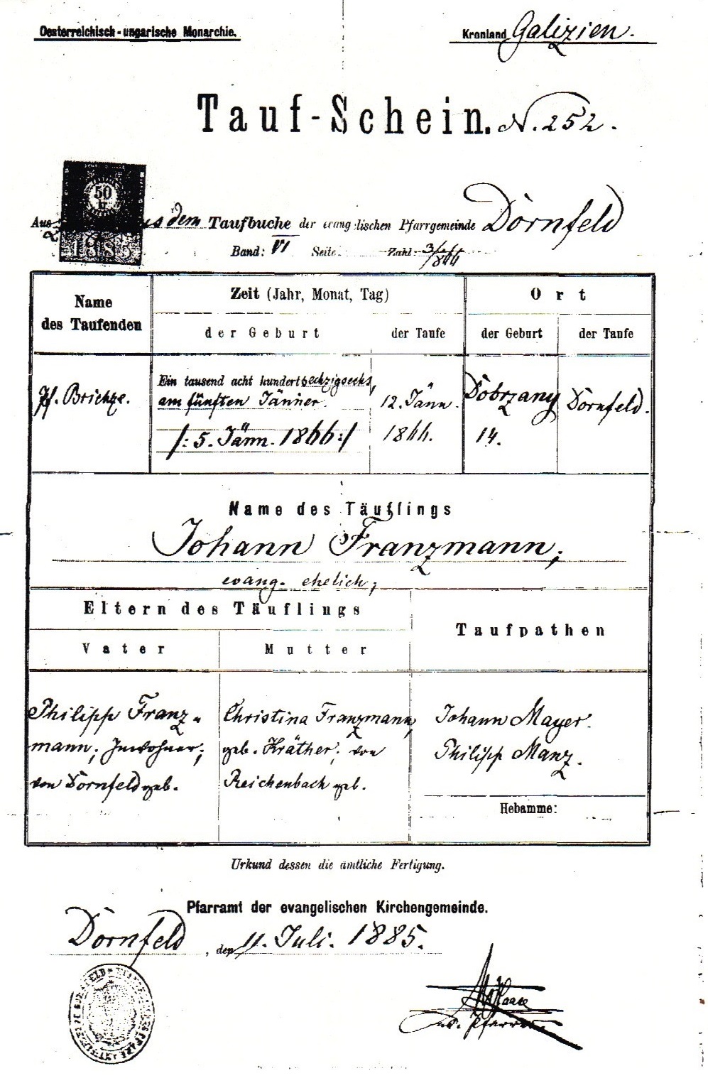 Johann Franzmann Baptism Certificate