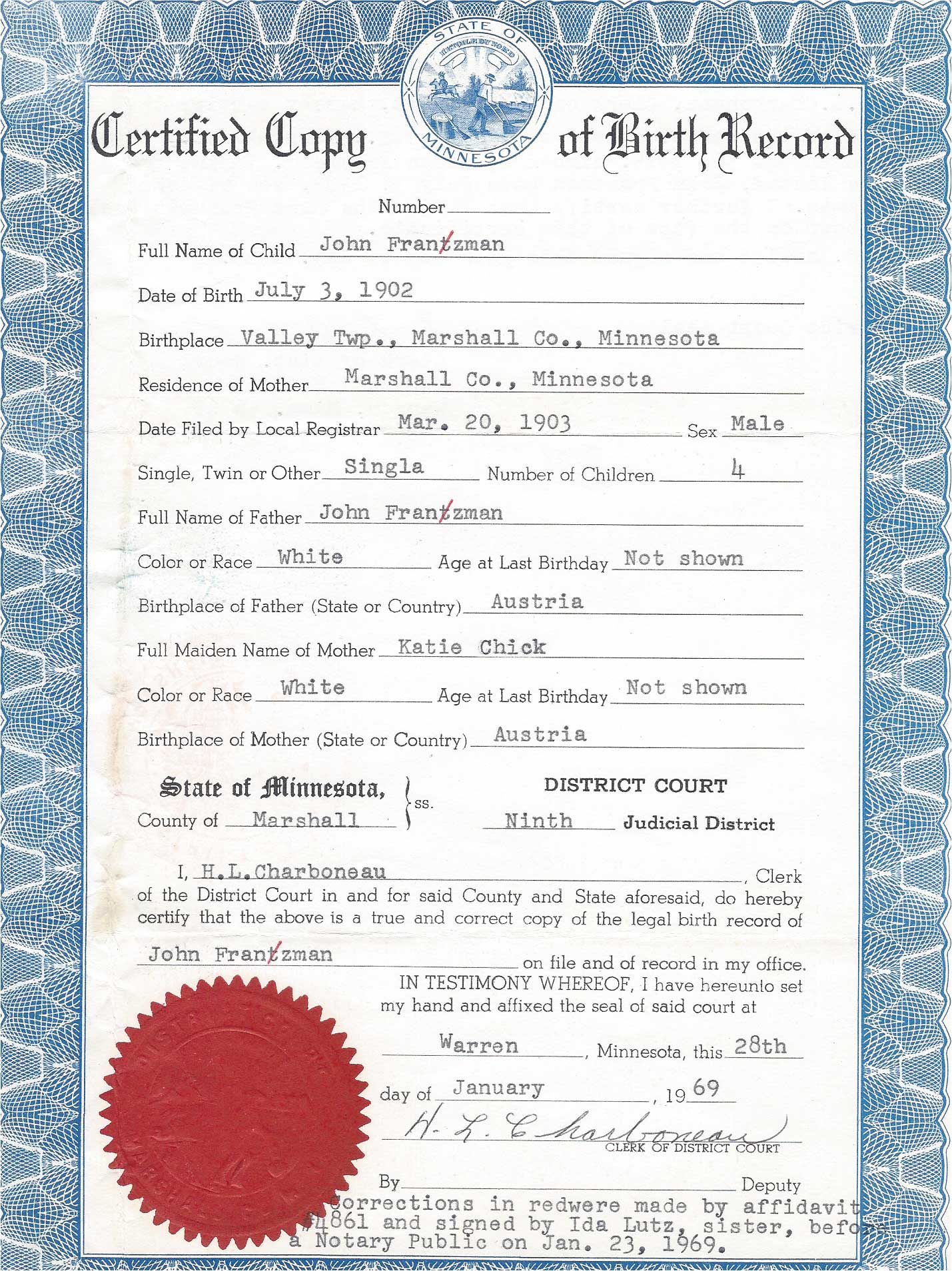 John Franzman's Birth Certifcate