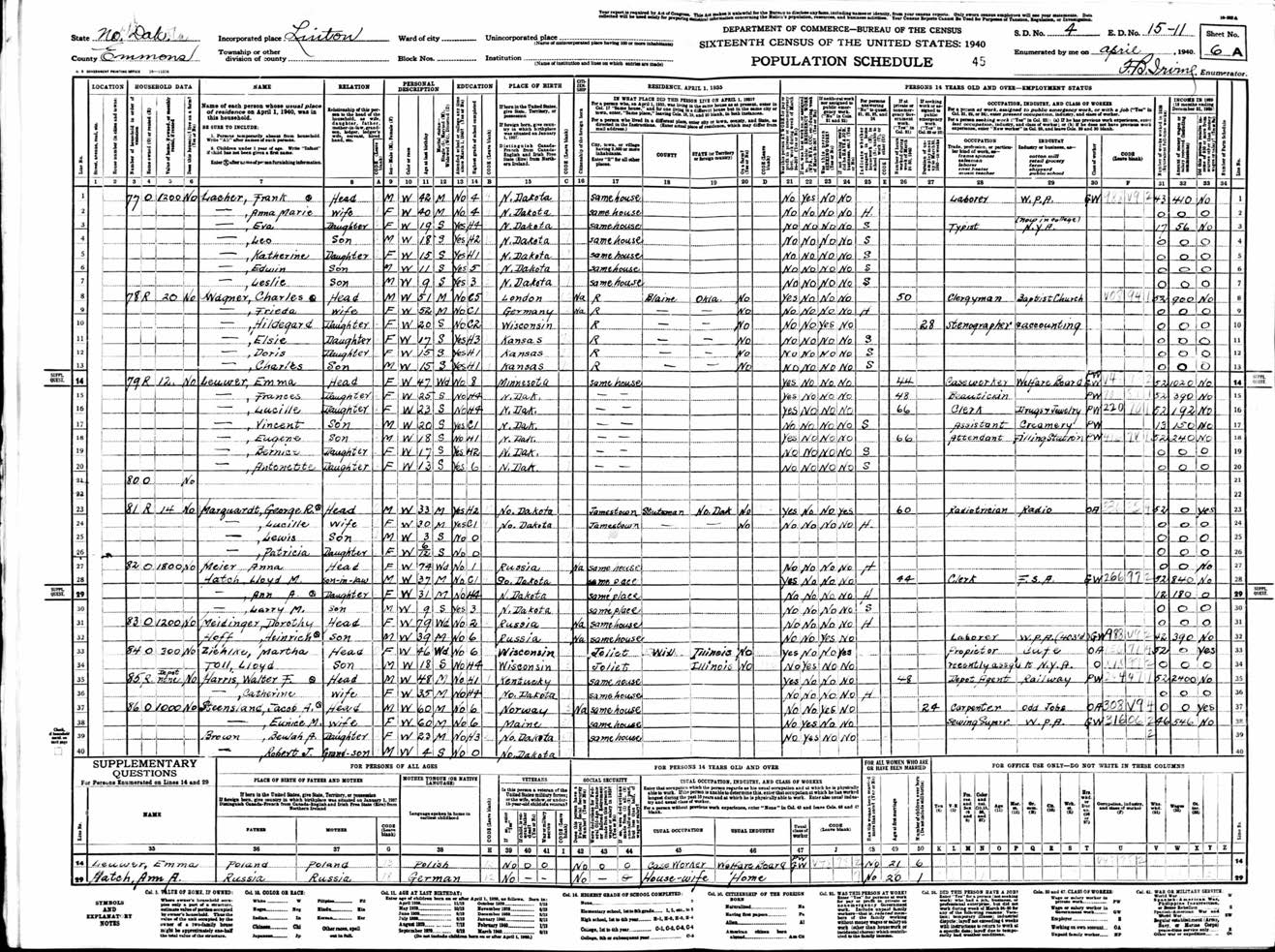 U.S. Census, Linton ND 1940