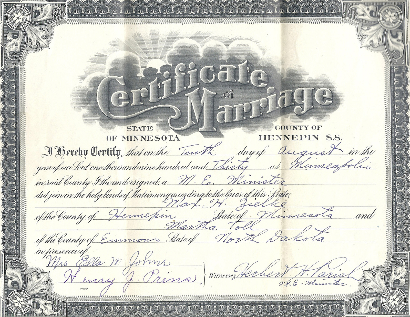 Marriage Certificate, Martha Toll & Max Ziehlke