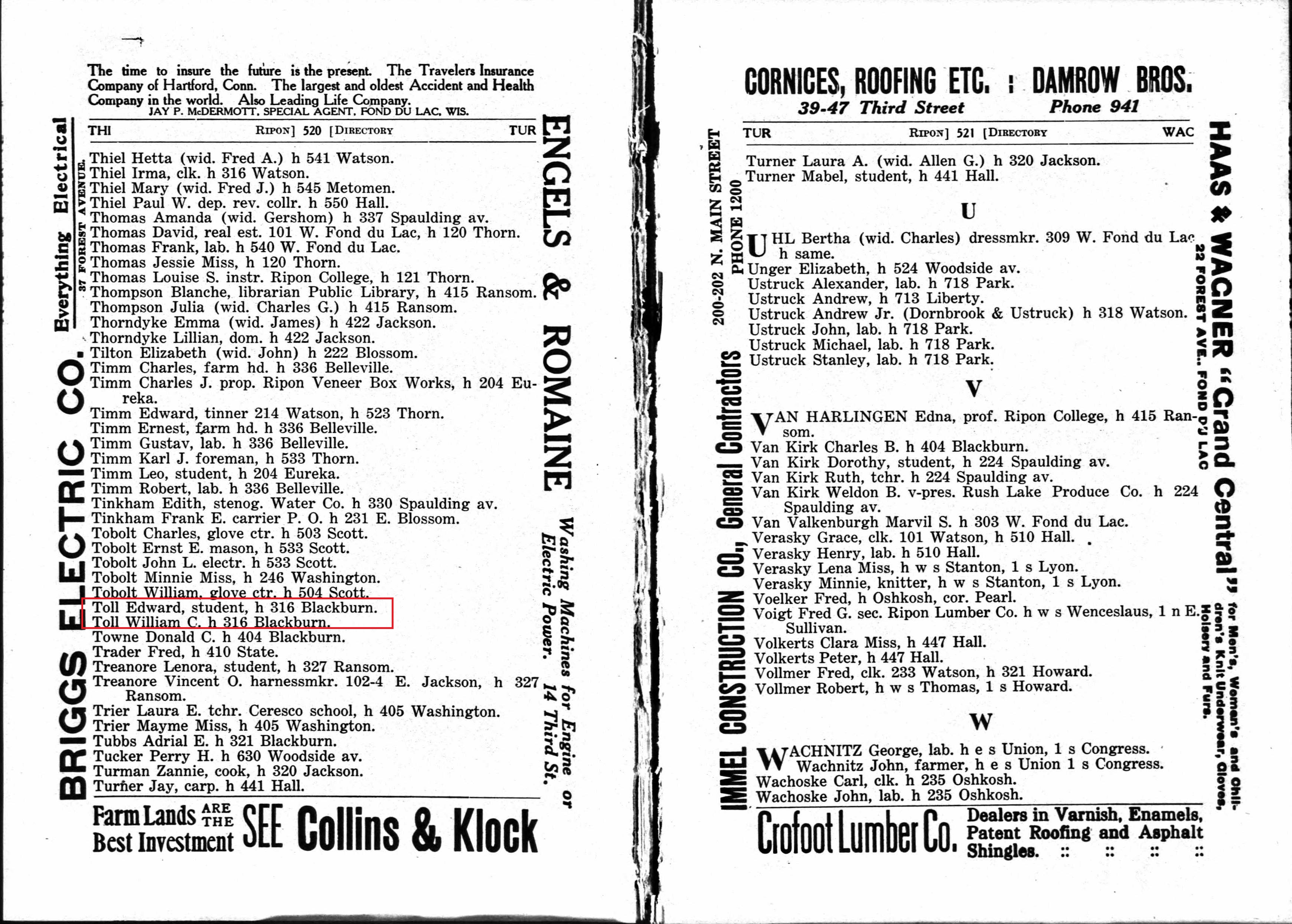 Ripon City Directory, 1917